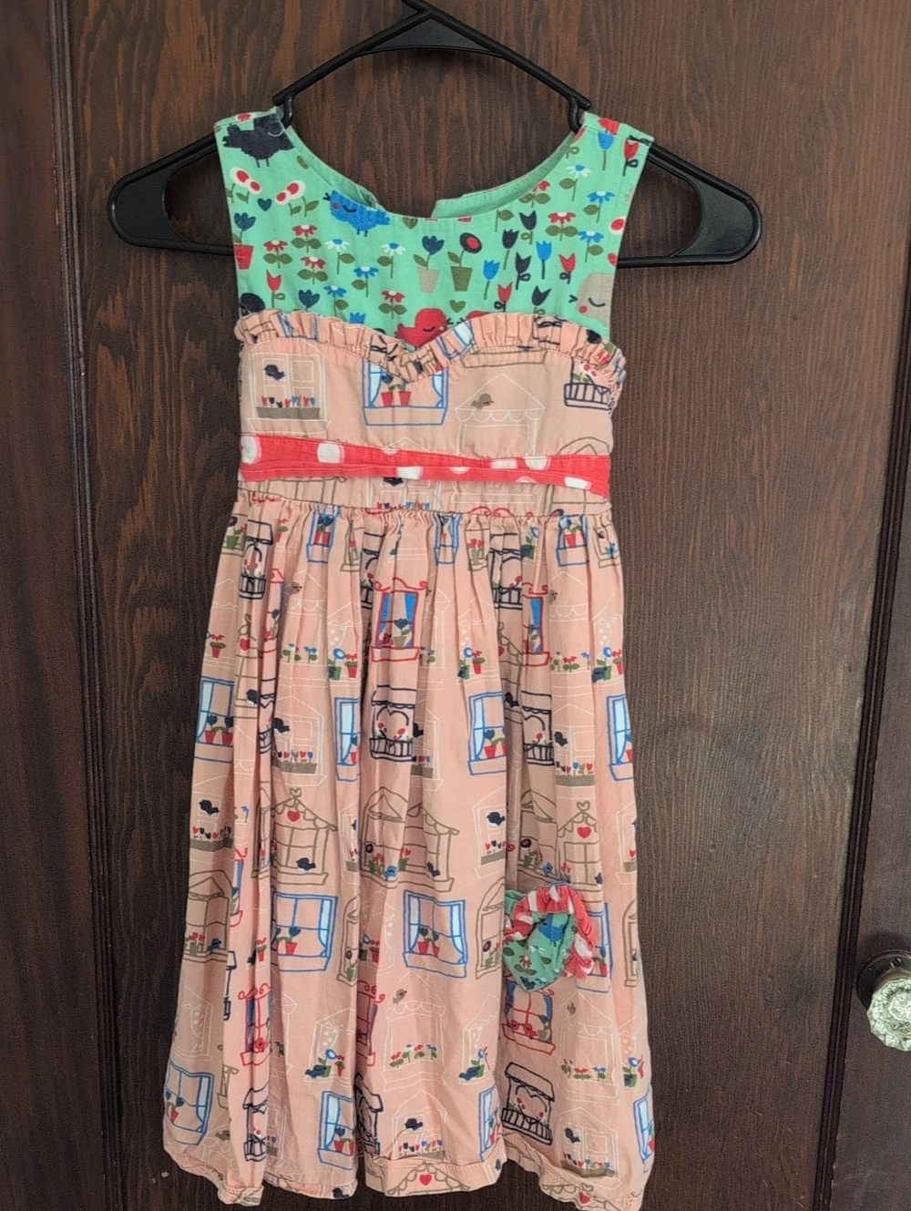 Jelly The Pug Peach Dress with Mint Floral Yoke and Red Accents